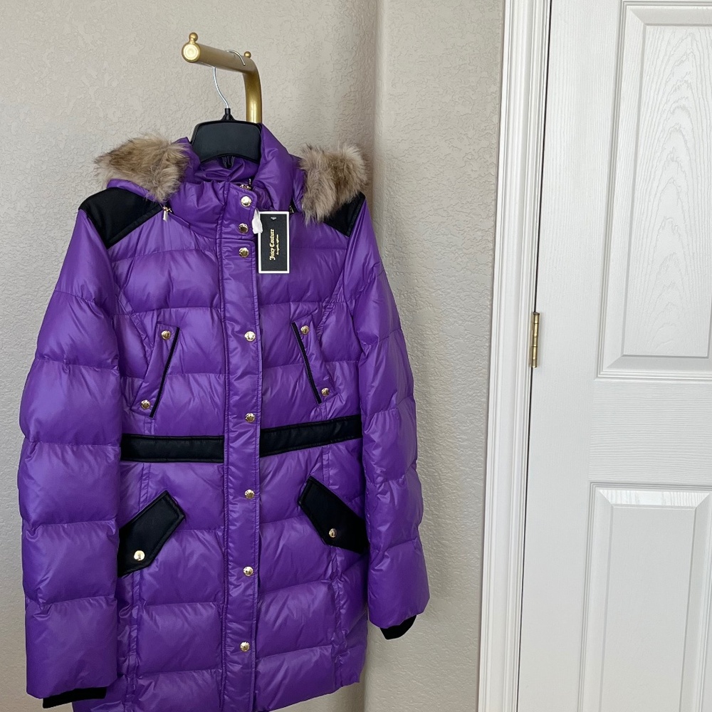 Juicy Couture Purple Nylon Puffer Coat w/ Faux Fur Hood NWT Size L